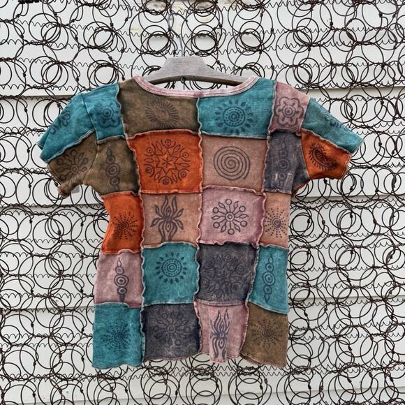 Y2K Boho Hippie Nepal Block print rib patch-work t-shirt LARGE - Picture 2 of 6